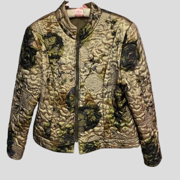 Joseph Ribkoff Quilted Padded Jacket Shimmer Gold/Green/Brown Floral, Sequins - Picture 3 of 13